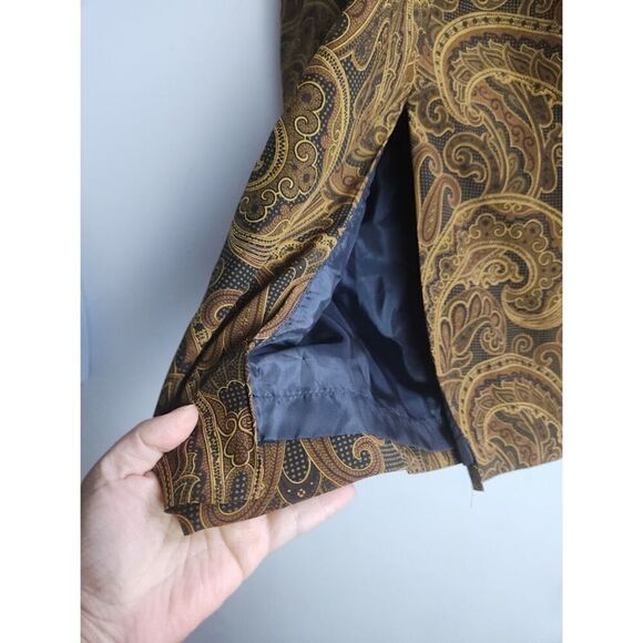 Jones New York Brown & Gold Pasley Print Faux Wrap Midi 100% Silk Skirt size 14P - Picture 4 of 8
